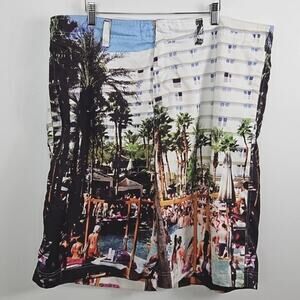 Ecko UNLTD Y2K Hotel Pool Scene Print Swim Board Shorts Men's 40 FLAWS